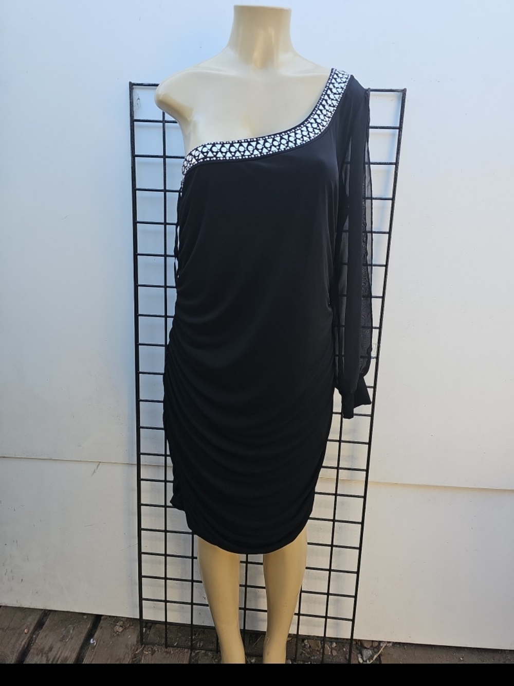 Janette Plus Black One-Shoulder Dress with Silver Beaded Trim